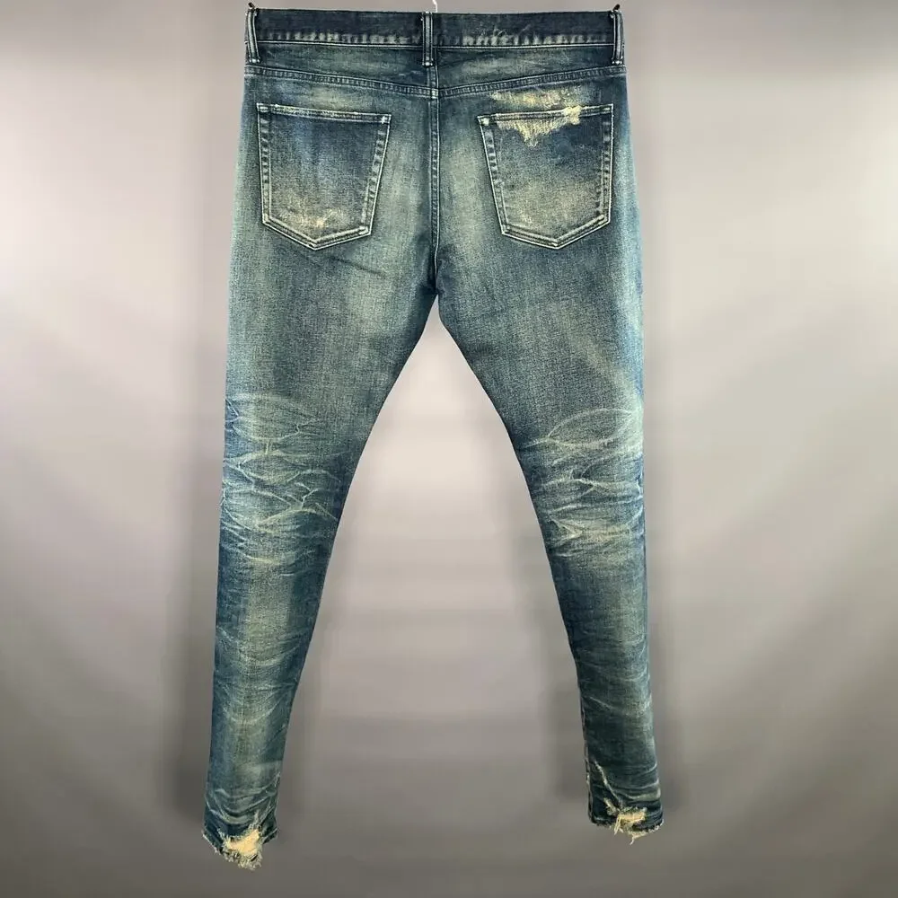 JOHN ELLIOTT Size 34 Blue Distressed Denim Button Fly Jeans